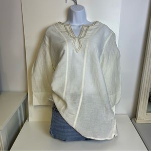 Eddie Bauer tunic top women’s large, off-white, tan accent the perfect linen top